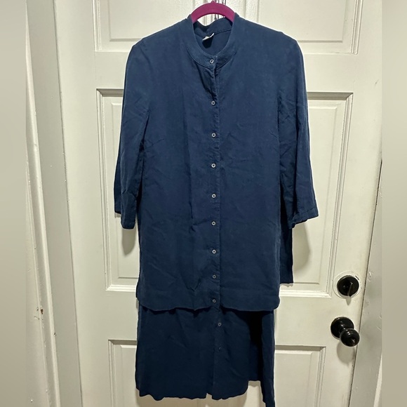 POETRY Overlayer Shirt Midi Dress Size 8 Navy Linen Blend Lagenlook with pockets - Picture 2 of 7